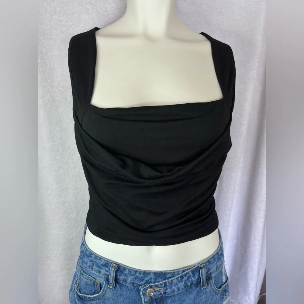 Sleeveless Black Top Square Neck‎ Ruched Front Casual Party Blouse